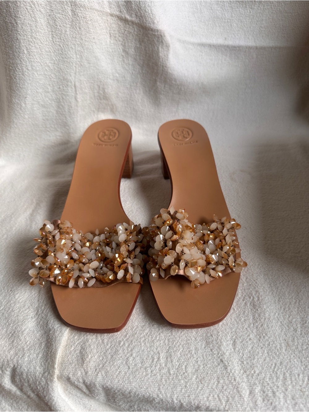 Tory Burch Tan Crystal-Embellished Slide Mules 8M